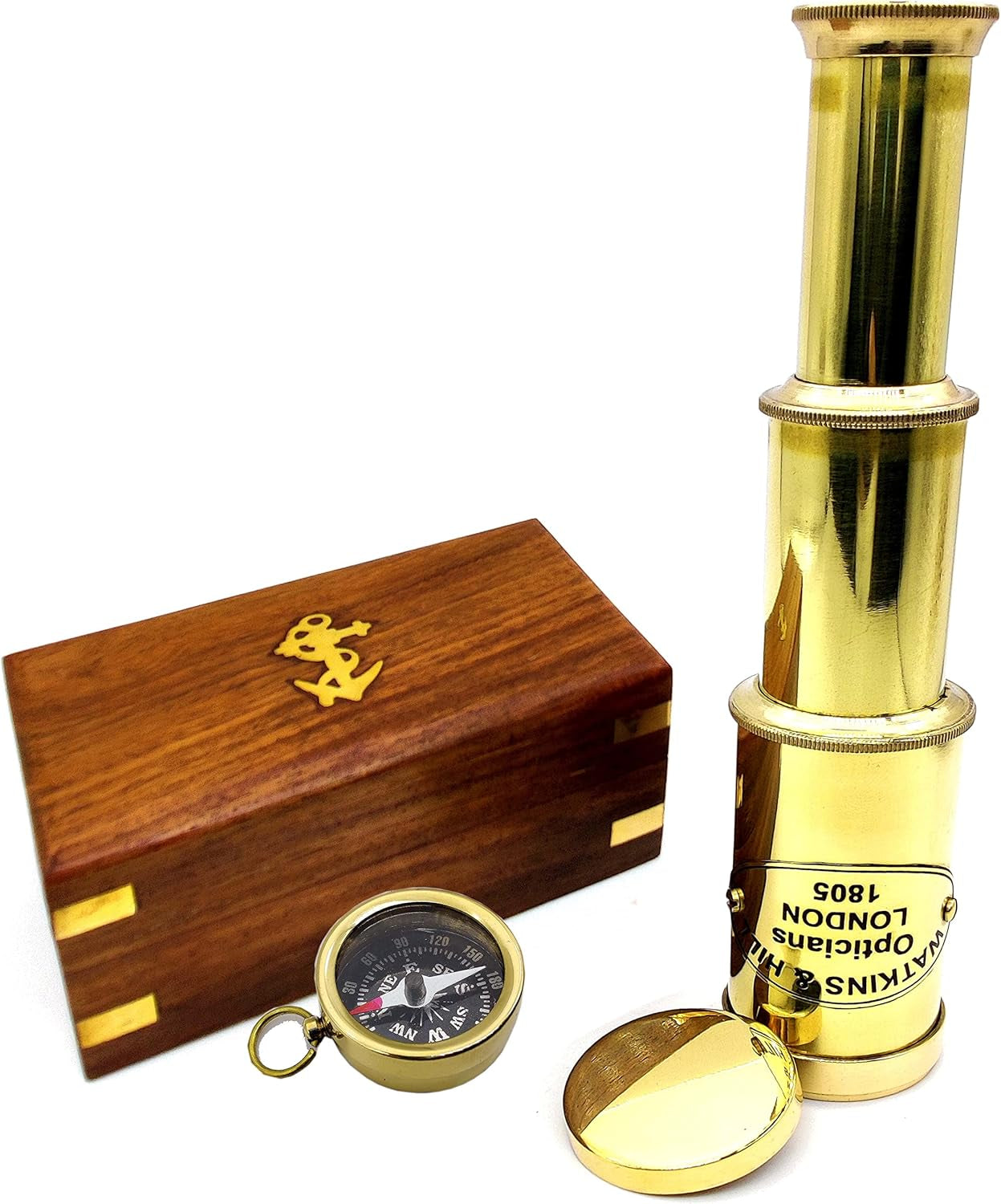 Nautical Brass Spyglass Telescope with Wooden Box