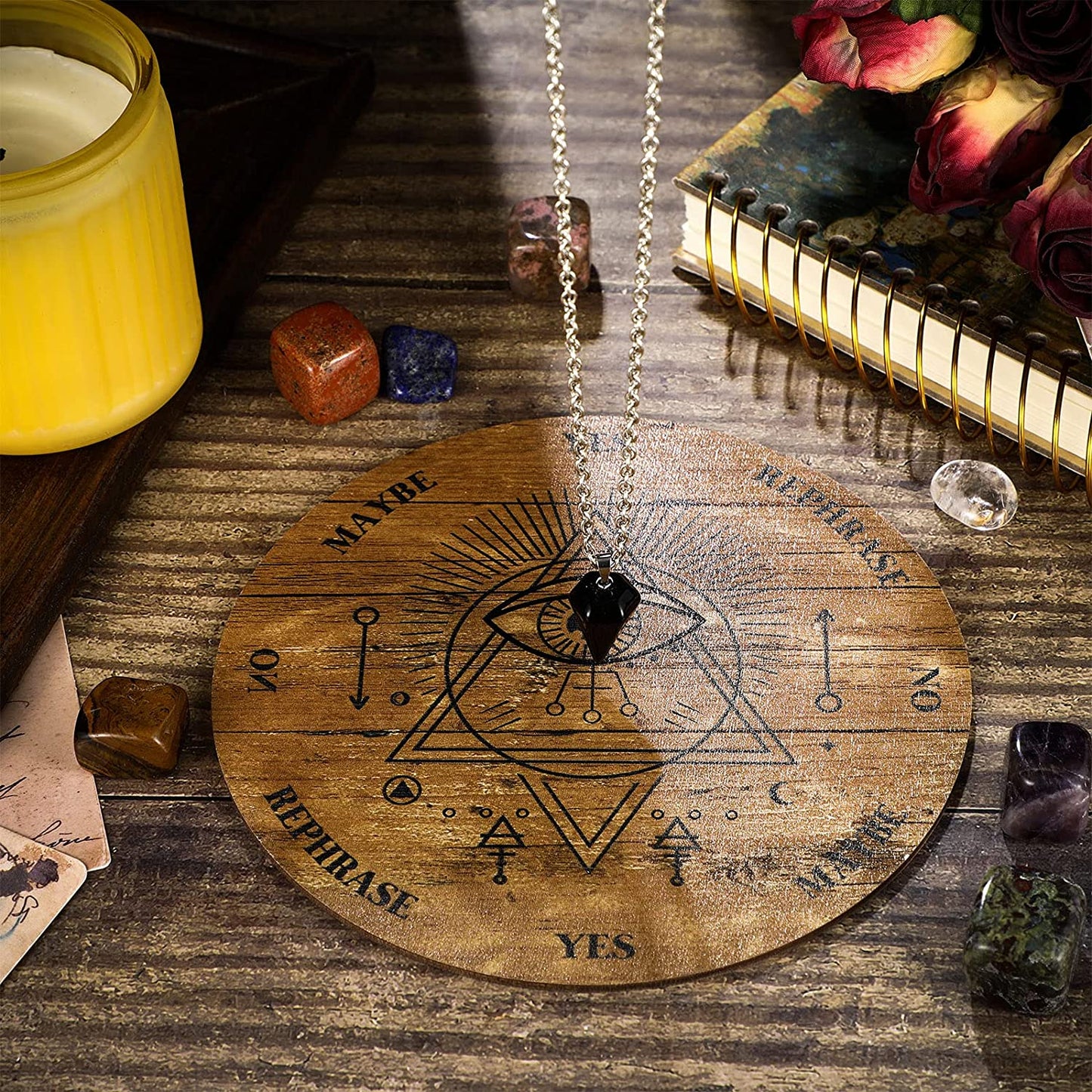 Wooden Divination Pendulum Crystal Necklace and Metaphysical Message Board Kit, 3.9 Inch