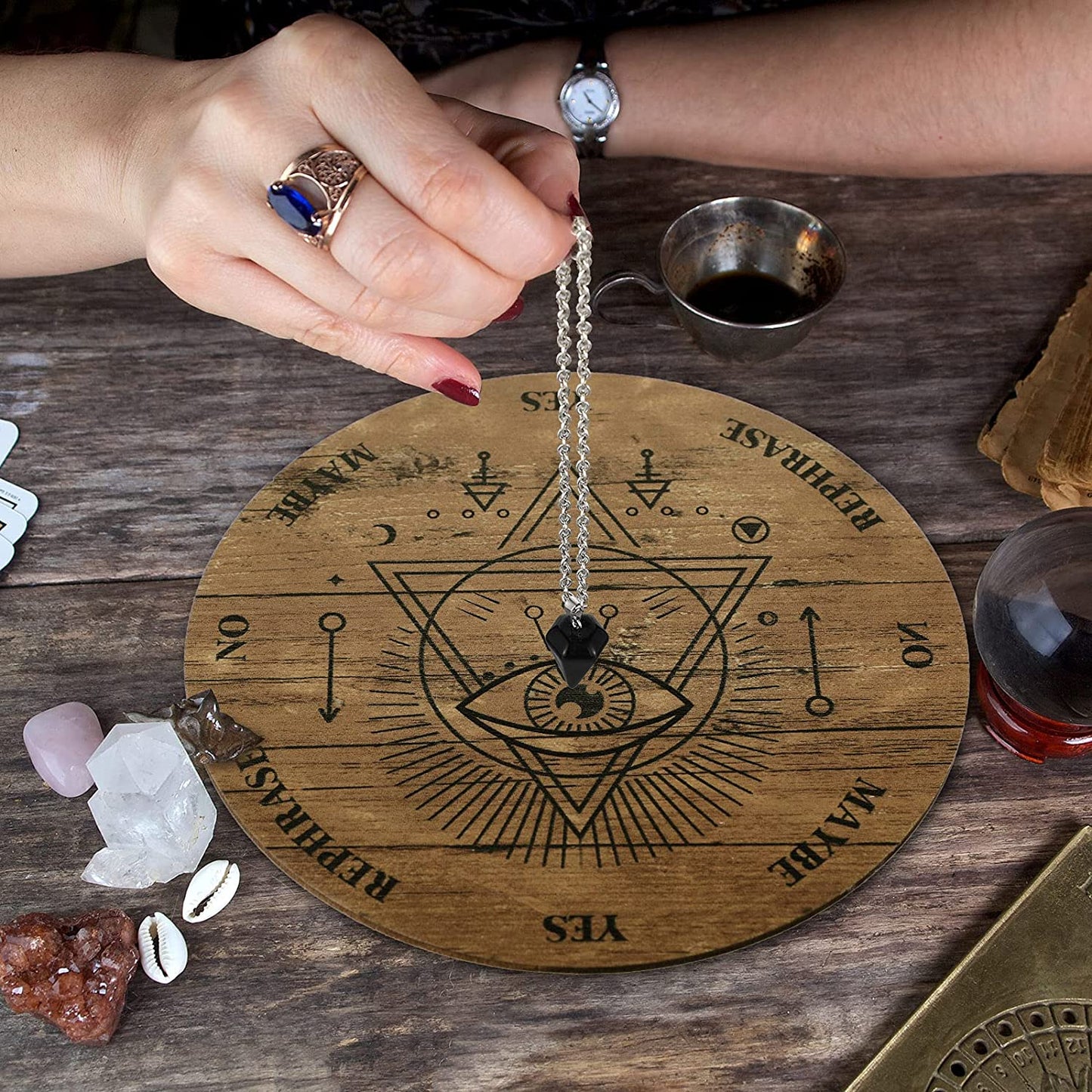 Wooden Divination Pendulum Crystal Necklace and Metaphysical Message Board Kit, 3.9 Inch