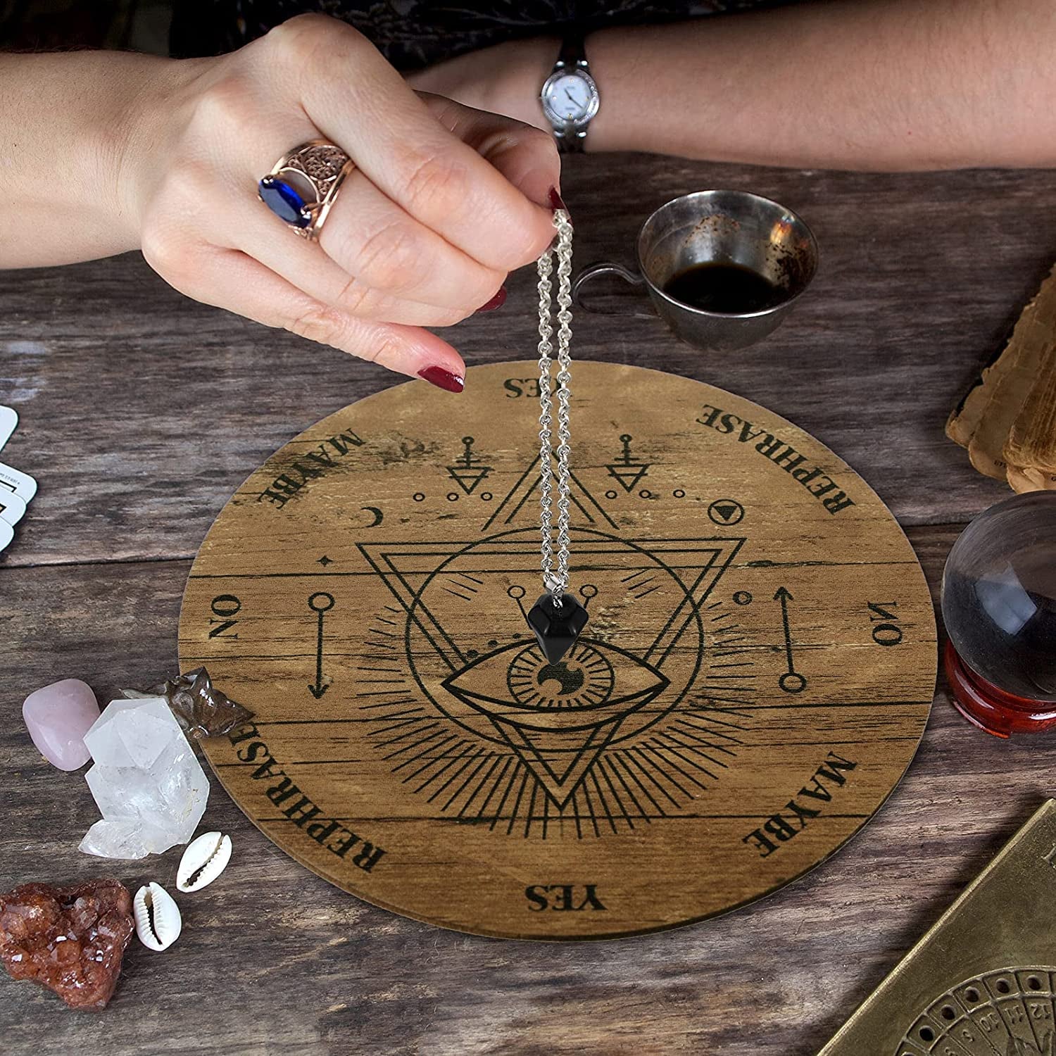Wooden Divination Pendulum Crystal Necklace and Metaphysical Message Board Kit, 3.9 Inch