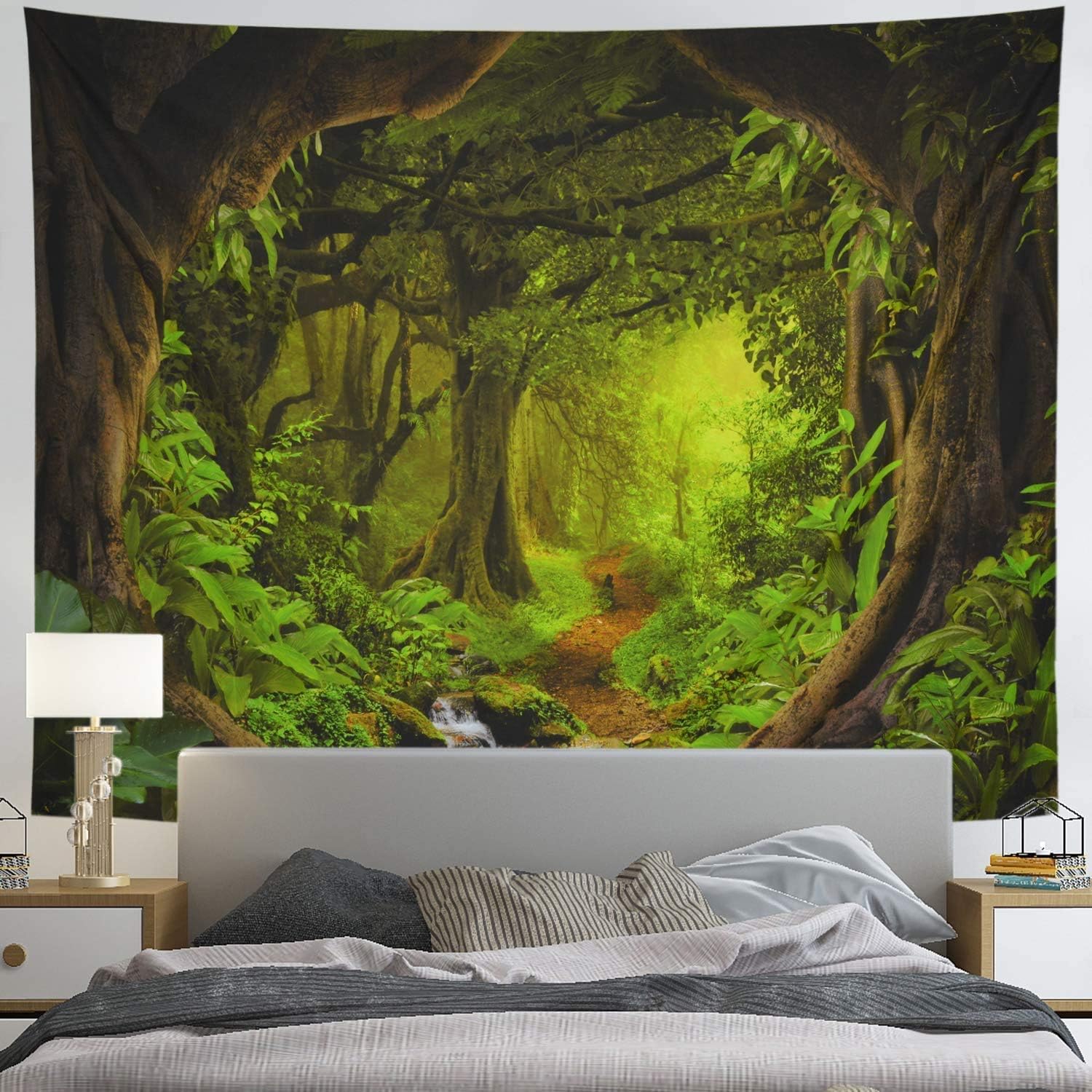 Tree Cave Wall Hanging, Misty Forest Stream through Rainforest Landscape, Jungle Creek Psychedelic Forest Nature Tapestry