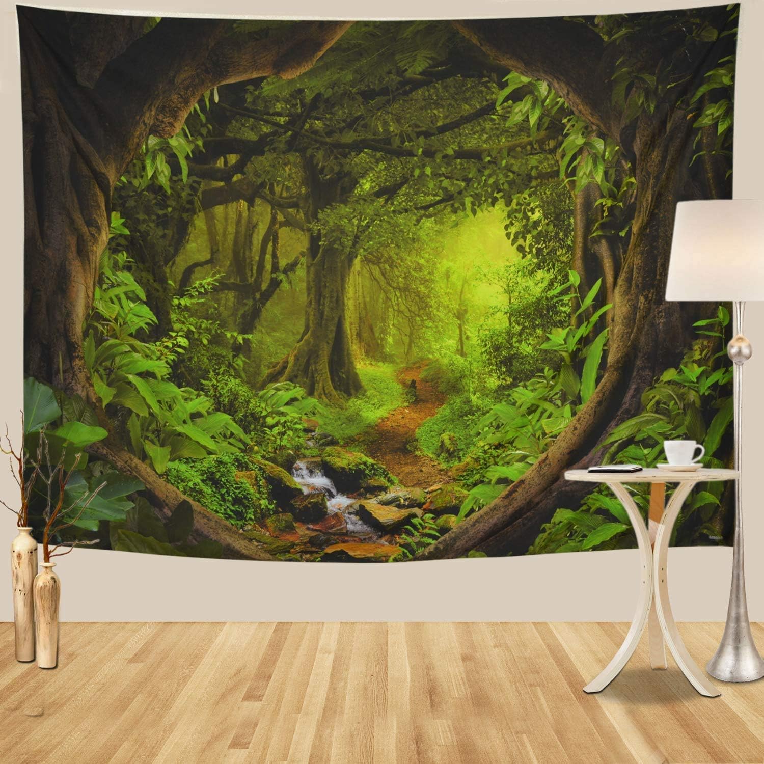 Tree Cave Wall Hanging, Misty Forest Stream through Rainforest Landscape, Jungle Creek Psychedelic Forest Nature Tapestry