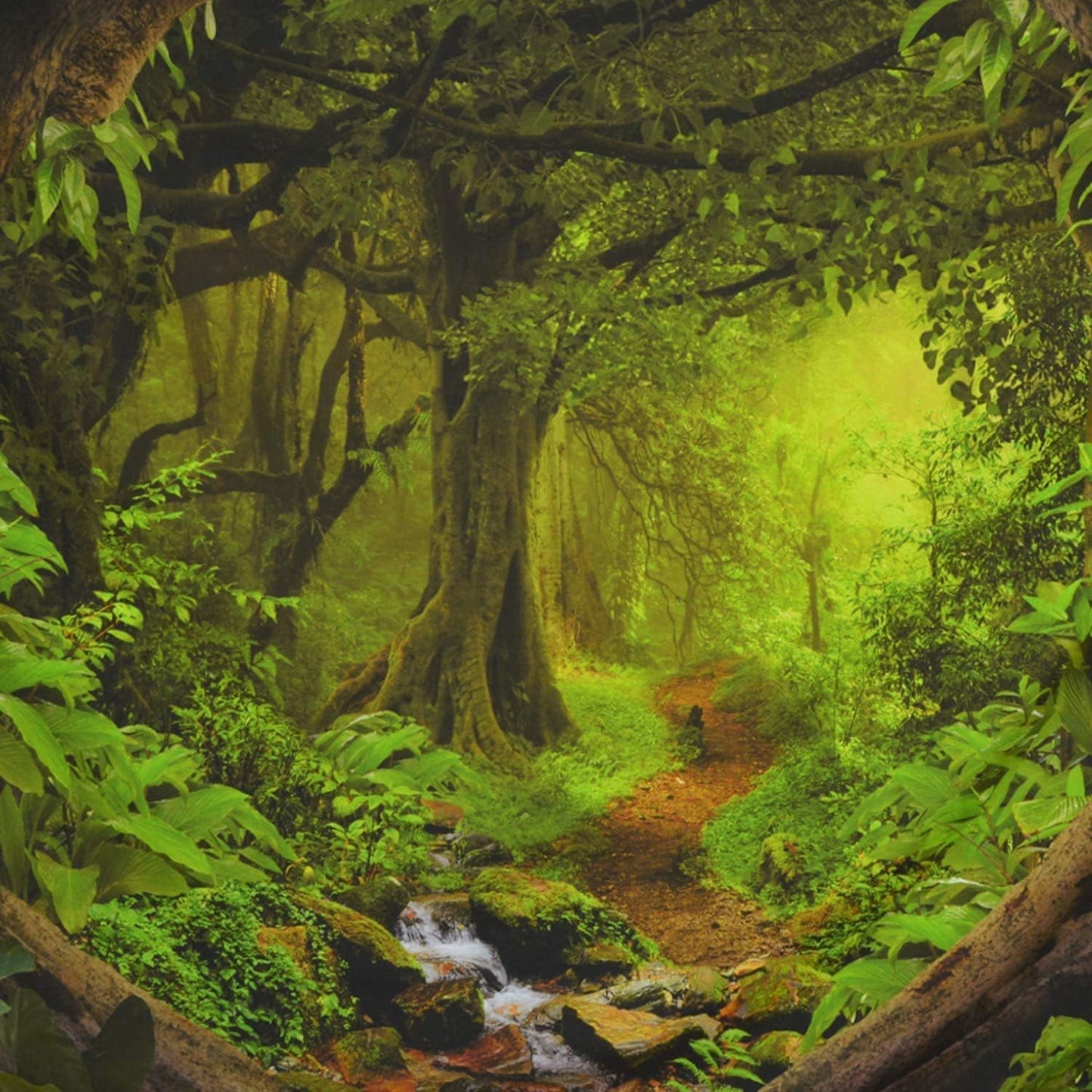 Tree Cave Wall Hanging, Misty Forest Stream through Rainforest Landscape, Jungle Creek Psychedelic Forest Nature Tapestry