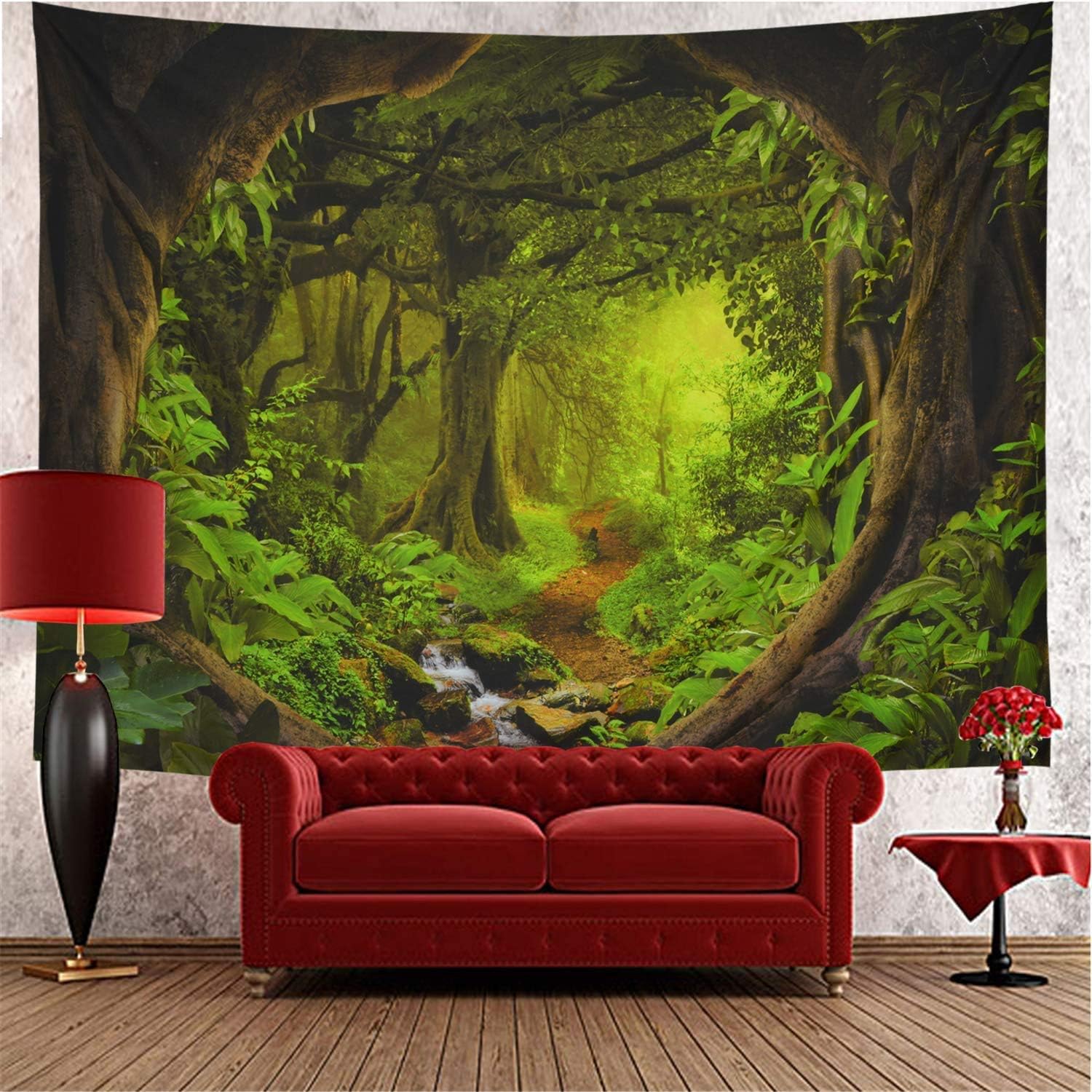 Tree Cave Wall Hanging, Misty Forest Stream through Rainforest Landscape, Jungle Creek Psychedelic Forest Nature Tapestry