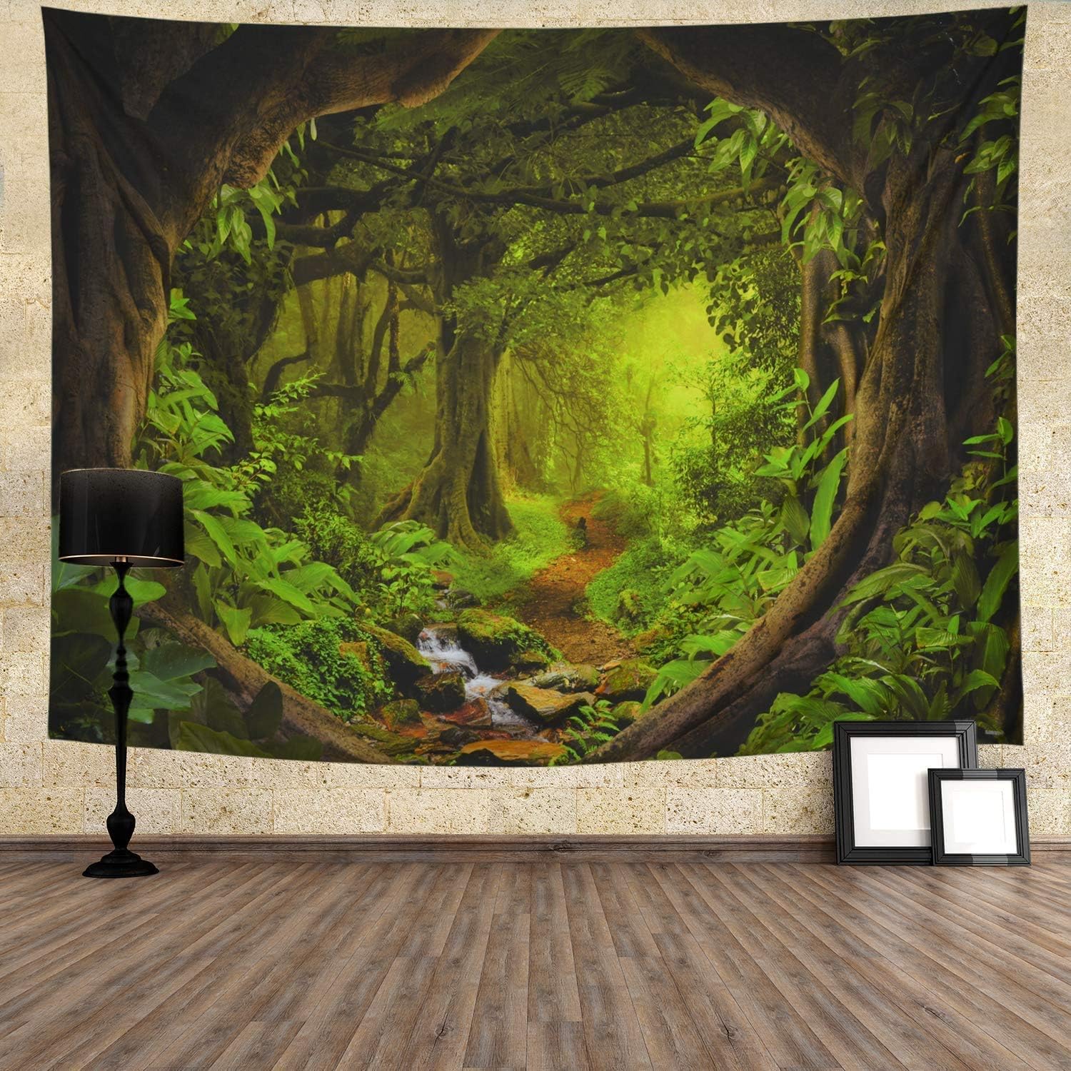 Tree Cave Wall Hanging, Misty Forest Stream through Rainforest Landscape, Jungle Creek Psychedelic Forest Nature Tapestry