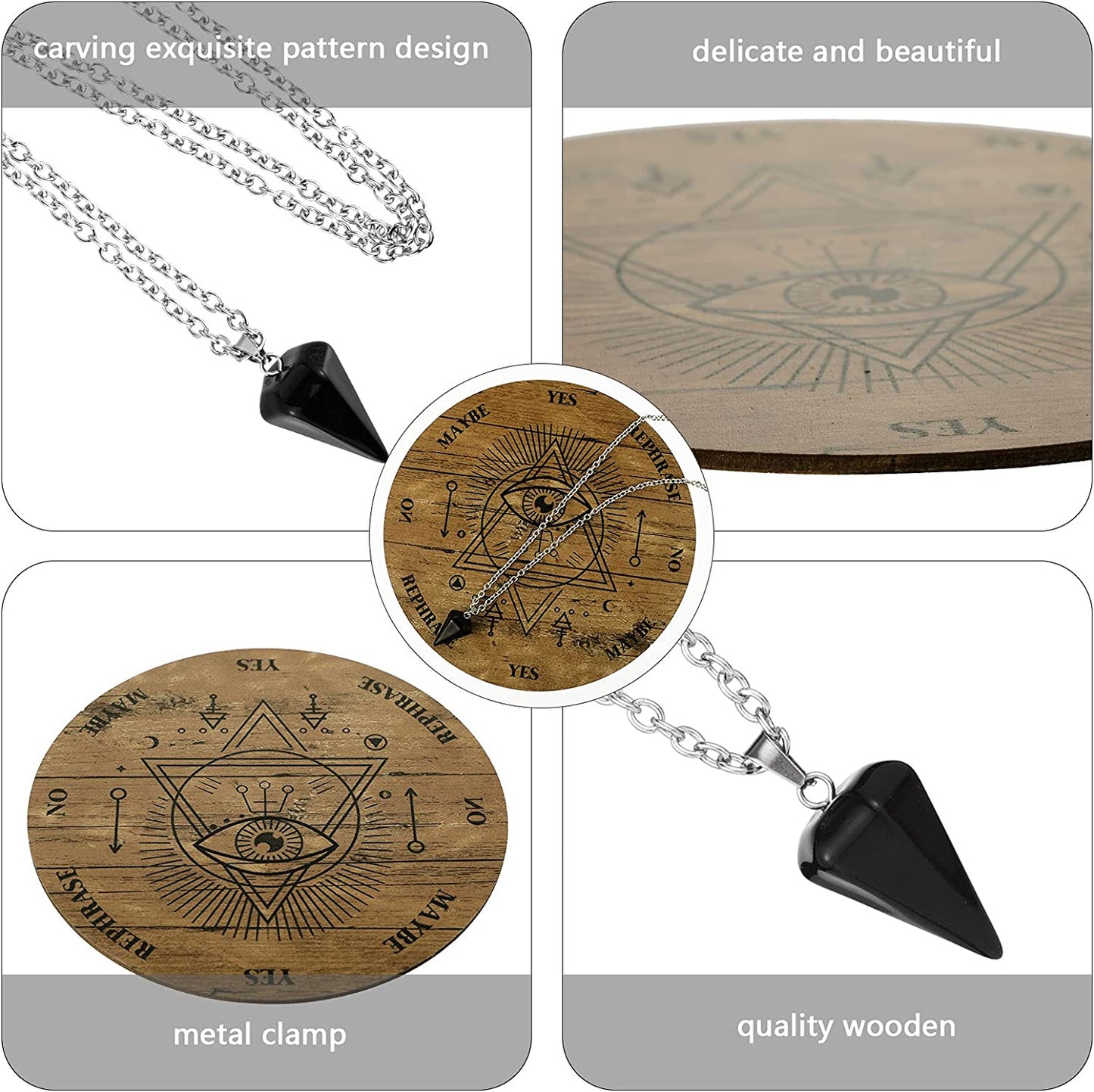 Wooden Divination Pendulum Crystal Necklace and Metaphysical Message Board Kit, 3.9 Inch