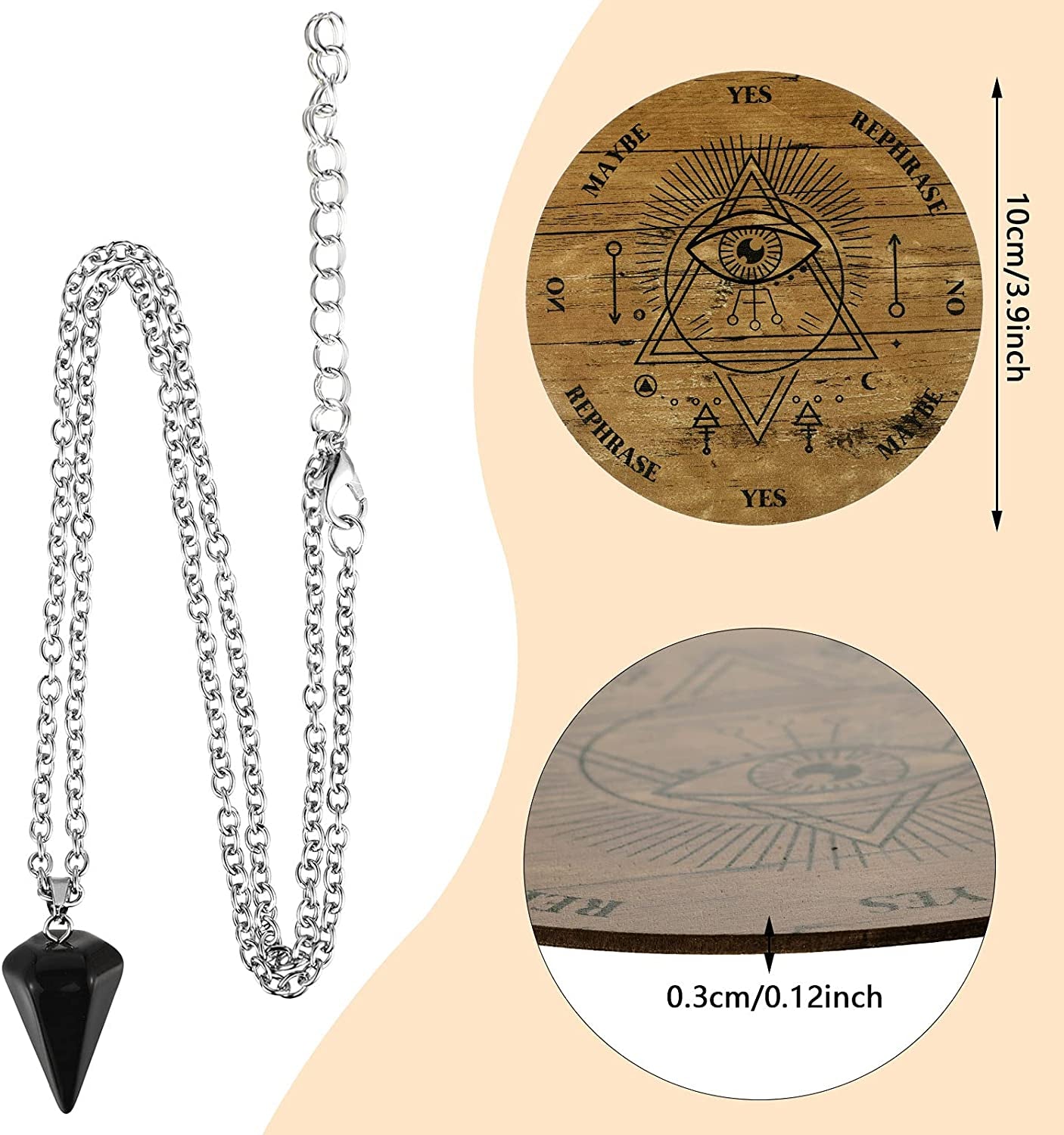 Wooden Divination Pendulum Crystal Necklace and Metaphysical Message Board Kit, 3.9 Inch